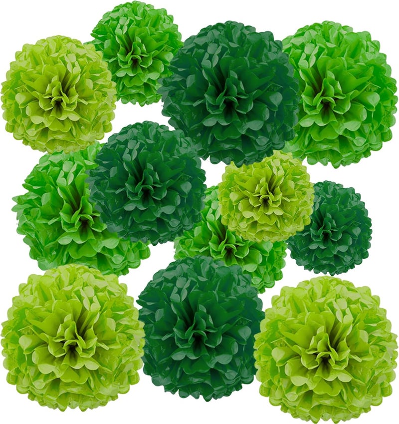 YESON Green Paper Pom Poms. Tissue Paper Flowers. Hanging Decorations. Pack of 12. For Wedding, Birthday, Party Decor. 12", "10", "8" inches - Image 1